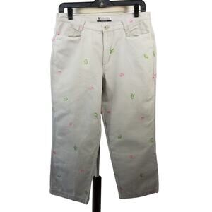 Columbia Khaki Chino Embroidered Green Turtles Pink Seashells Nice Size 6
